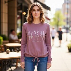 NWT DIRTEE LAUNDRY Mauve Wildflower Long Sleeve Tee Top Drawstring Hem Sz: XS